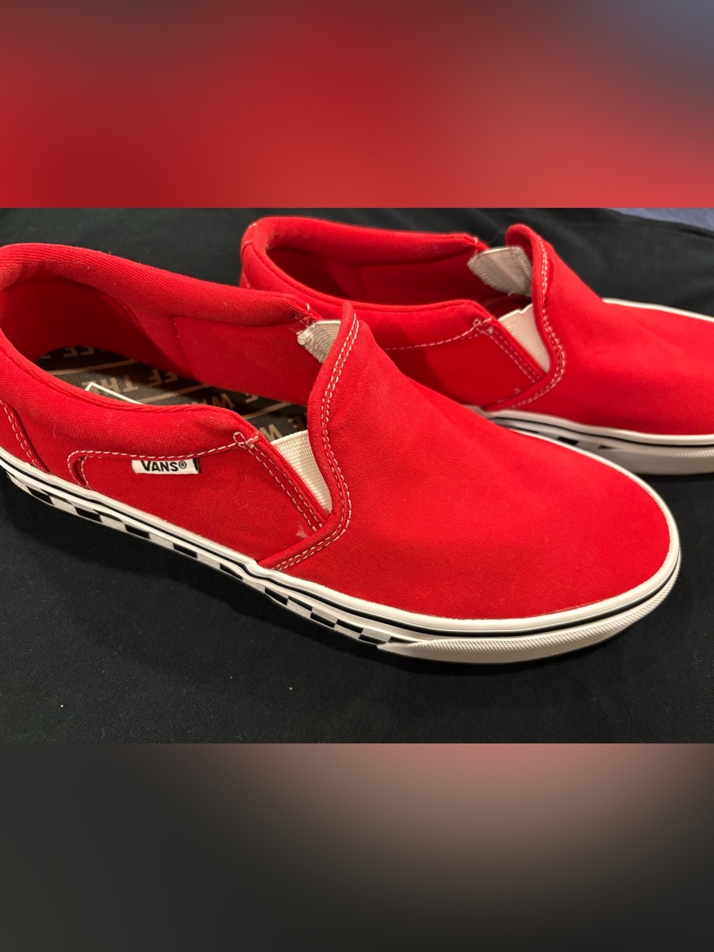 Vans Red Slip-On Sneakers with Checkerboard Accents - gently used